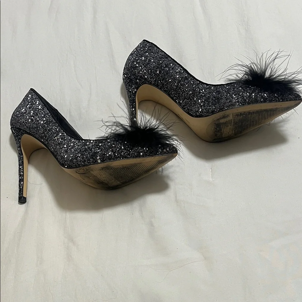 Mix No. 6 Black Glitter Heels with Feather Accent - Picture 4 of 4